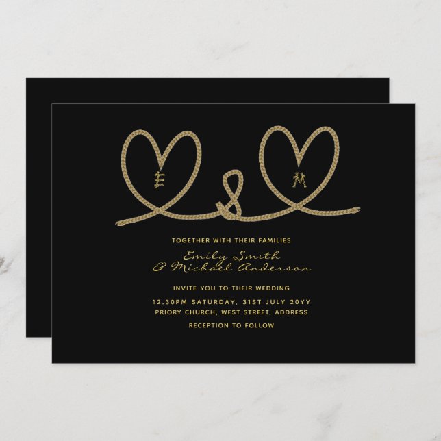 Modern Wedding Invites - Black Gold Rope Hearts (Front/Back)
