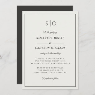 Modern Wedding Minimalist Monogram Cream & Black Invitation
