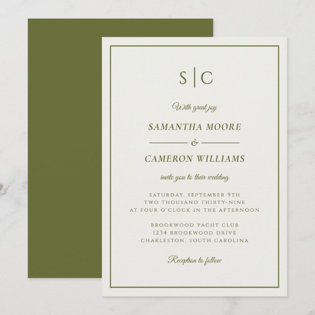 Modern Wedding Minimalist Monogram Olive Green Invitation (Front/Back)