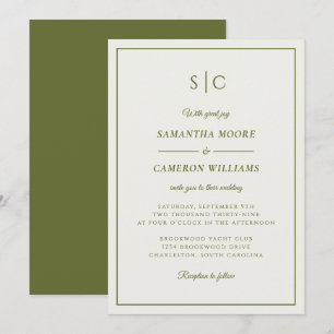 Modern Wedding Minimalist Monogram Olive Green Invitation
