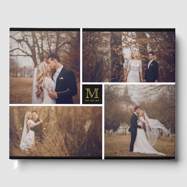 Modern Wedding Monogram 4 Photo Collage Guest Book (Front)