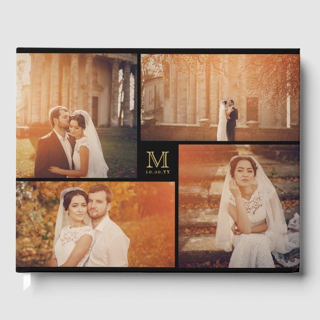 Modern Wedding Monogram 4 Photo Collage Guest Book (Front)