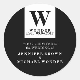 Modern Wedding Monogram Black Classic Round Sticker