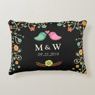 Modern Wedding Monogram Floral Love Birds Couple Accent Pillow