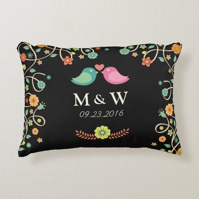 Modern Wedding Monogram Floral Love Birds Couple Accent Pillow (Front)