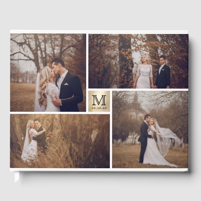 Modern Wedding Monogram Gold 4 Photo Collage Guest Book (Front)