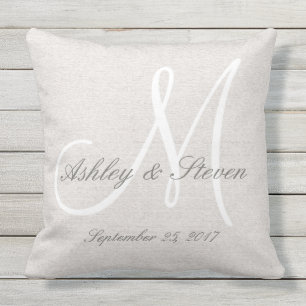 Modern Wedding Monogram Rustic Linen Look Outdoor Pillow