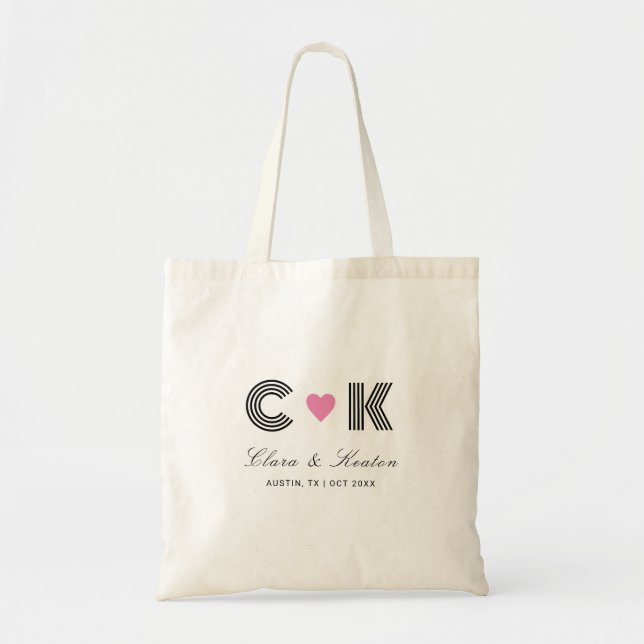 Modern Wedding Monogram Tote Bag with Pink Heart (Front)