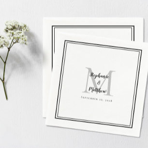 Modern Wedding Names & Date Monogram Black Grey Napkin