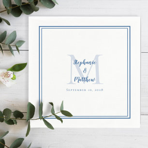 Modern Wedding Names & Date Monogram Blue White Napkin