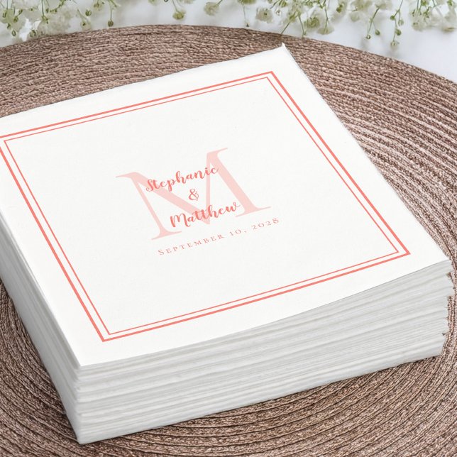 Modern Wedding Names Date Monogram Coral Cocktail Napkin (Modern Wedding Names Date Monogram Coral Cocktail Napkins)