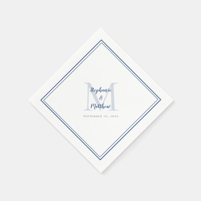 Modern Wedding Names & Date Monogrammed Blue Napkin (Corner)