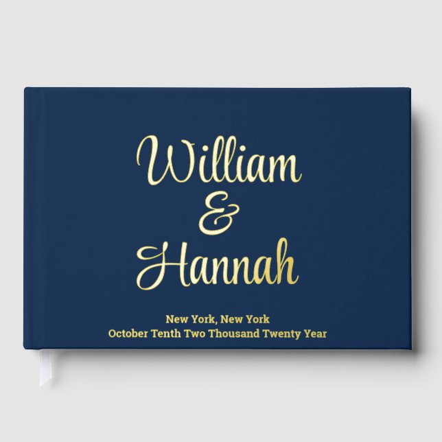 Modern Wedding Navy Blue with Gold Foil Hardcover Guest Book (Front)