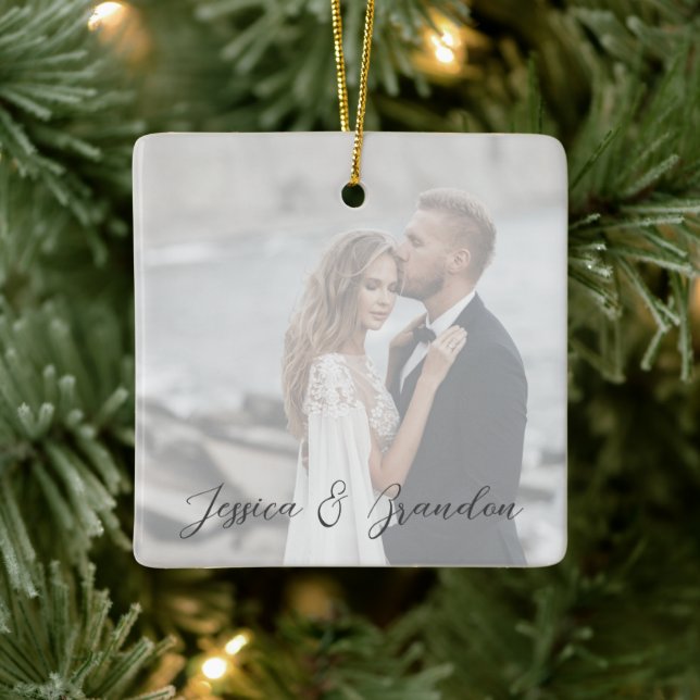 Modern Wedding Newlyweds Script Photo Overlay Ceramic Ornament (Tree)