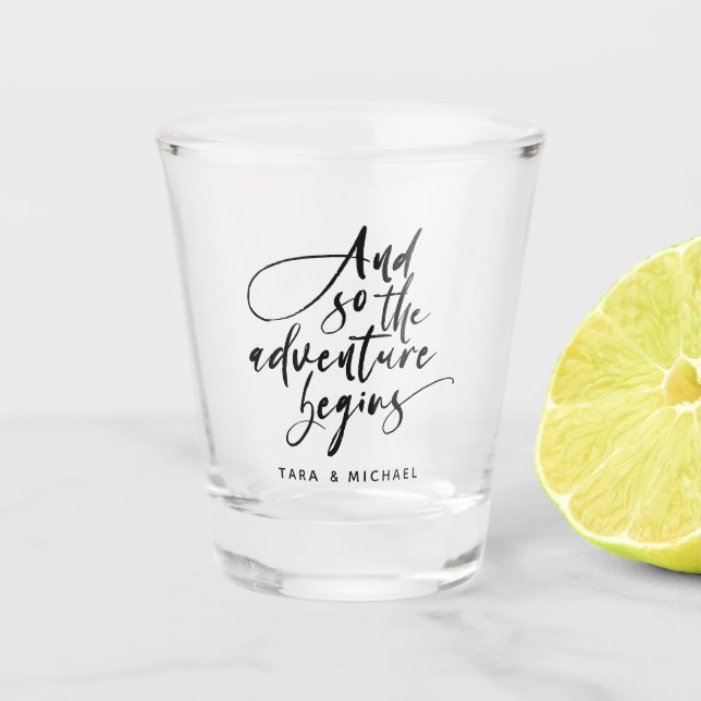 Modern Wedding Party Adventure Custom Script  Shot Glass (Front)