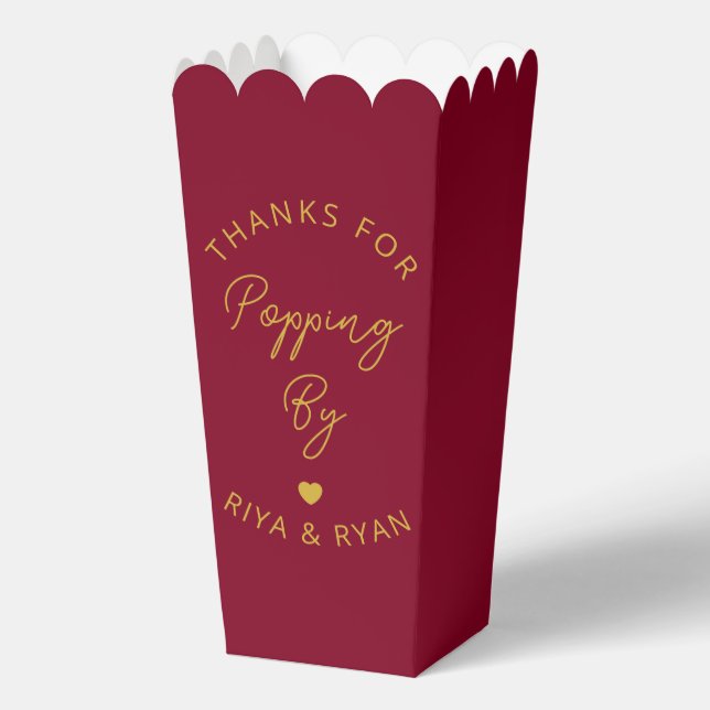 Modern wedding party burgundy and gold popcorn  favor box (Front)