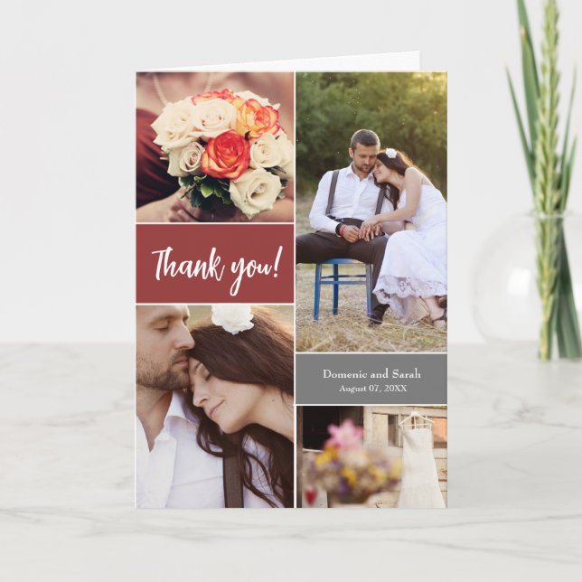 Modern Wedding Photo collage burnt orange script Card (Front)
