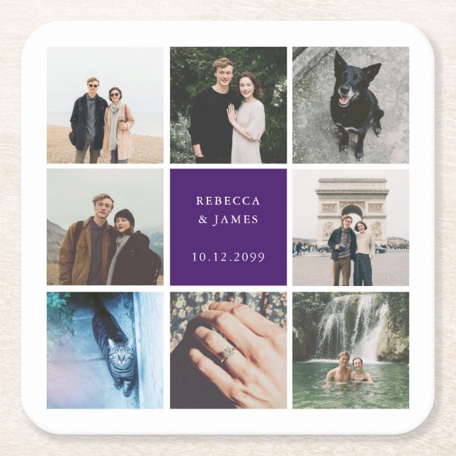 Modern Wedding Photo Collage Picture Grid Square Paper Coaster (Front)