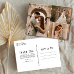 Modern Wedding Photo Collage Thank You Postcard<br><div class="desc">Beautiful wedding thank you card featuring three of your favourite wedding celebration photos. Customize the front side with your photo (using a dark photo on the left side will help the white text pop). Add your details to the backside of the card. You can order one card at a time...</div>
