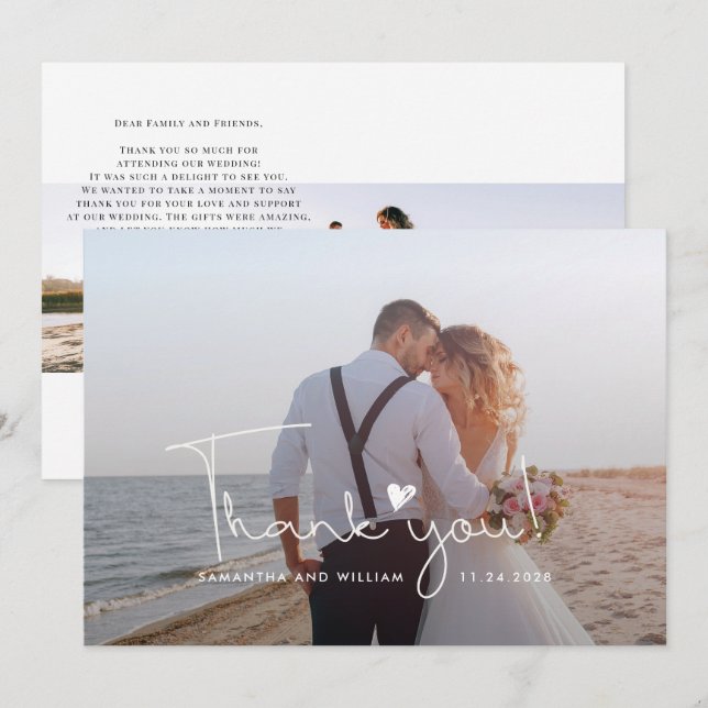 Modern Wedding Photo Hand-Lettered Newlyweds Thank You Card (Front/Back)