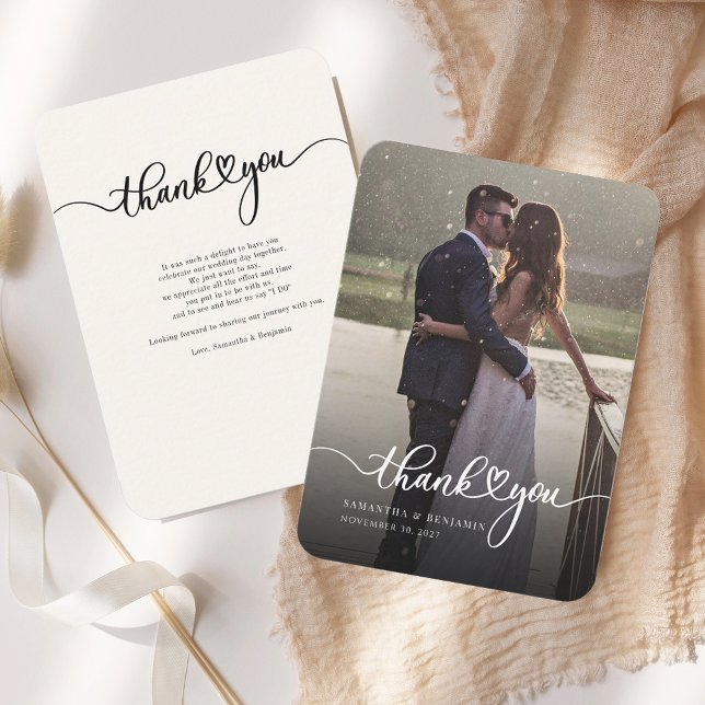 Modern Wedding Photo Hand-Lettered Thank You Card (Wedding Day Photo Modern Rounded Corner Thank You Notecard)