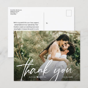 Modern Wedding Photo Handlettered Script Thank you Postcard