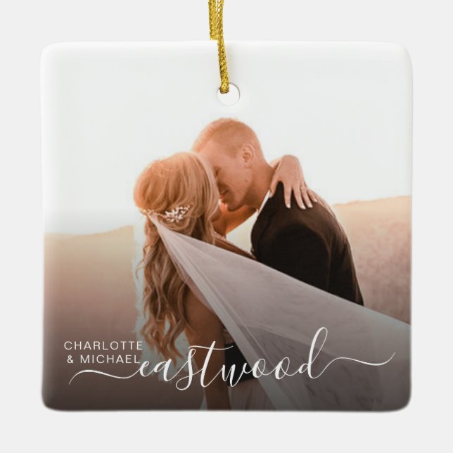 Modern Wedding Photo Keepsake Ceramic Ornament (Front)