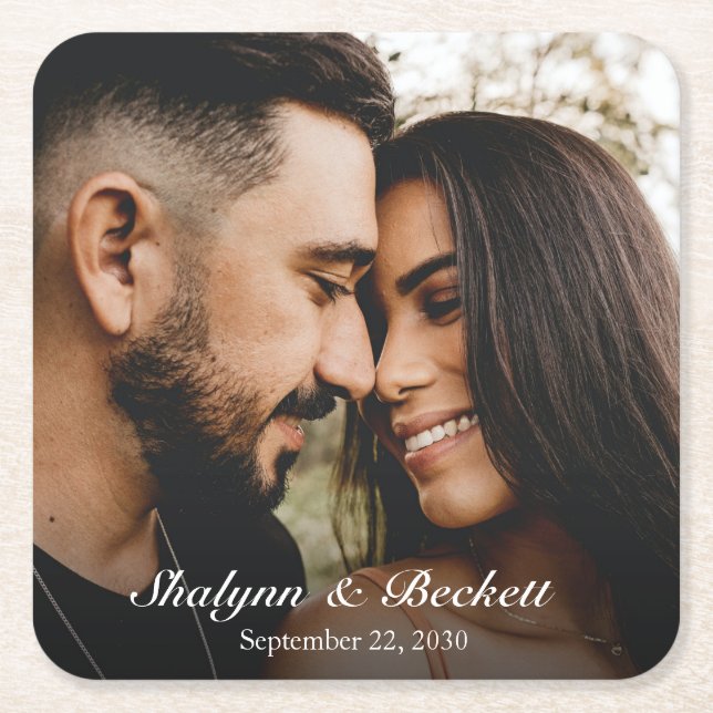 Modern Wedding Photo Square Paper Coaster (Front)