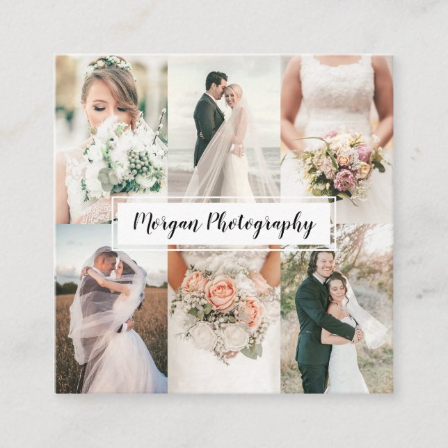 Modern wedding photographer photo collage minimal square business card (Front)