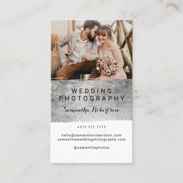 Modern wedding photography silver brushstroke business card (Front)
