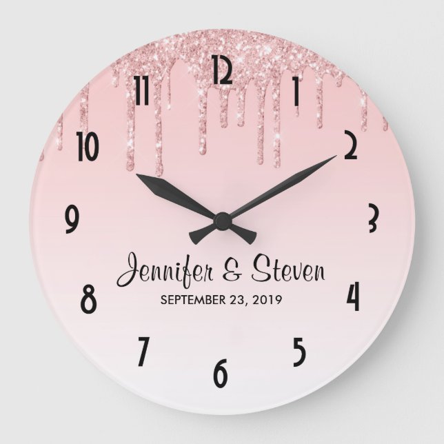 Modern Wedding Pink Dripping Glitter Large Clock (Front)