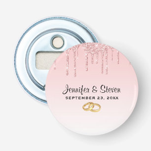 Modern Wedding Pink Glitter Drips & Golden Rings Bottle Opener