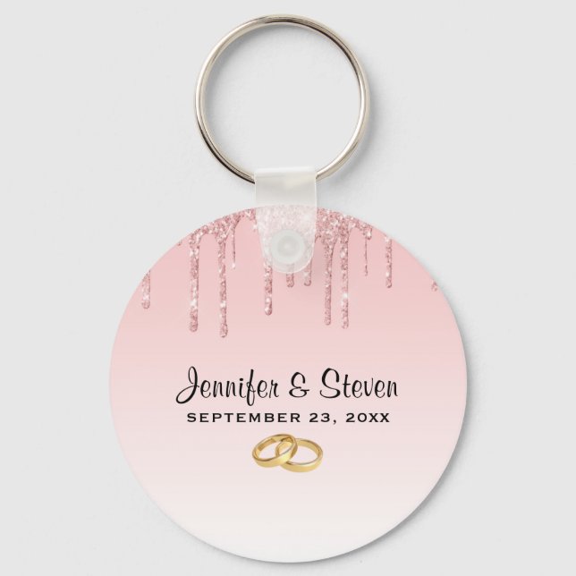 Modern Wedding Pink Glitter Drips & Golden Rings Keychain (Front)
