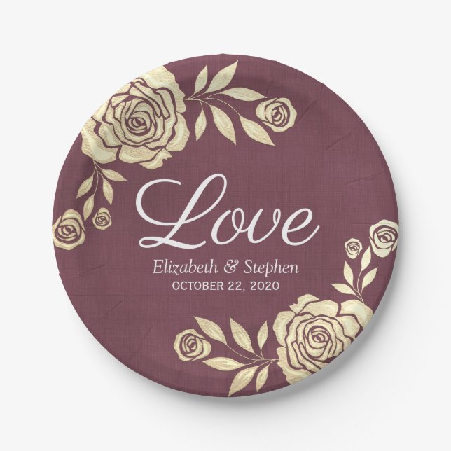 Modern Wedding Plate Chic Golden Rose Burgundy Red (Front)