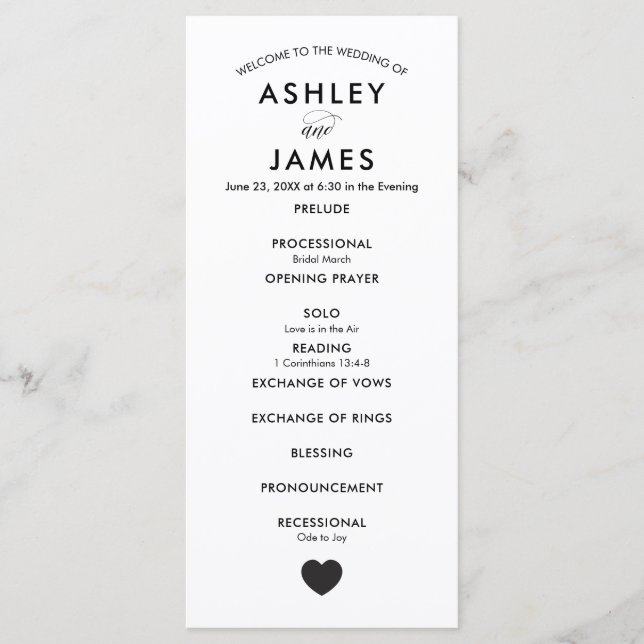 Modern Wedding Program for Ceremony, with Heart (Front)