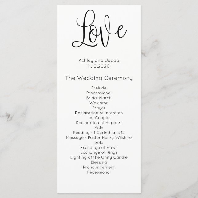 Modern wedding program. Love. Simple ceremony Program (Front)