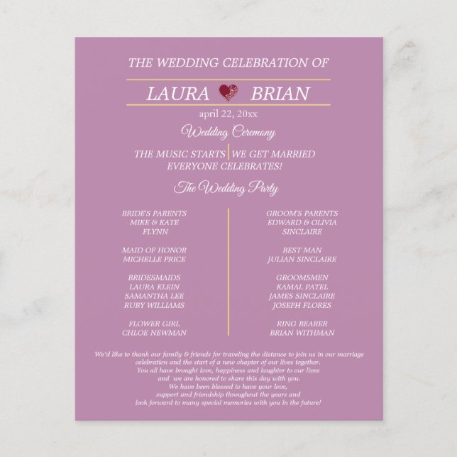 Modern Wedding Program - Single-Sided (Front)