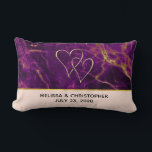 Modern Wedding Purple & Gold Abstract Marble Lumbar Pillow<br><div class="desc">Personalized wedding pillow with a beautiful abstract pattern featuring a marble design. Rich purple colours blending together combined with faux-gold swirling ribbons of colour mixing and mingling throughout the design. A peach coloured layer below the pattern with an elegant faux gold-foil strip between them. 2 joined hearts above the text....</div>