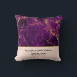 Modern Wedding Purple & Gold Abstract Marble Throw Pillow<br><div class="desc">Personalized wedding pillow with a beautiful abstract pattern featuring a marble design. Rich purple colours blending together combined with faux-gold swirling ribbons of colour mixing and mingling throughout the design. A peach coloured layer below the pattern with an elegant faux gold-foil strip between them.</div>