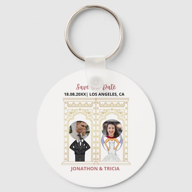 Modern Wedding QR Code Add Name Date Photo Website Keychain (Front)