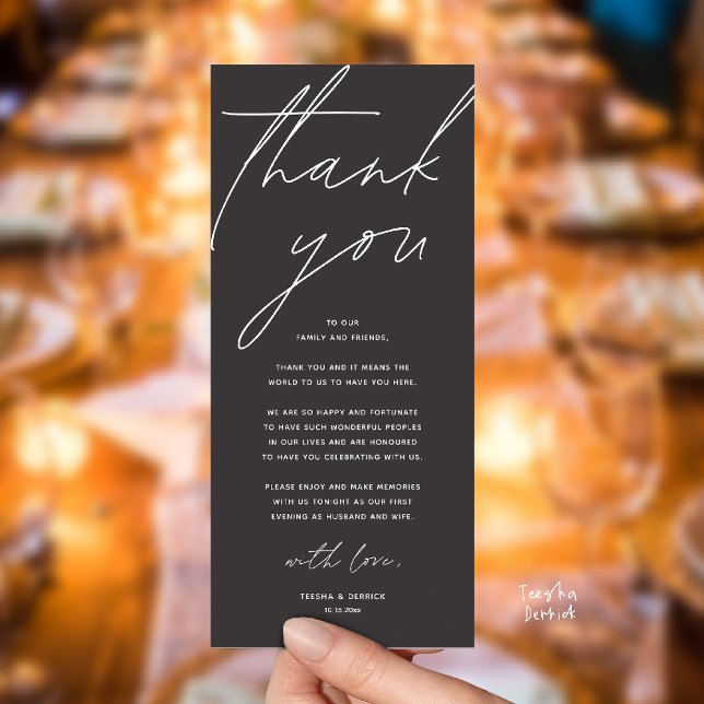Modern Wedding Reception Dinner Thank You Card (Modern Wedding Reception Dinner Lunch Brunch Party Thank You Card in charcoal grey)