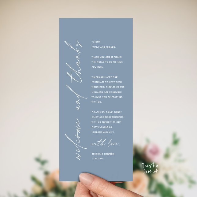 Modern Wedding Reception Dinner Thank You Card (Welcome and thanks, Modern Wedding Reception Dinner Thank You card, family friends in dusty blue)