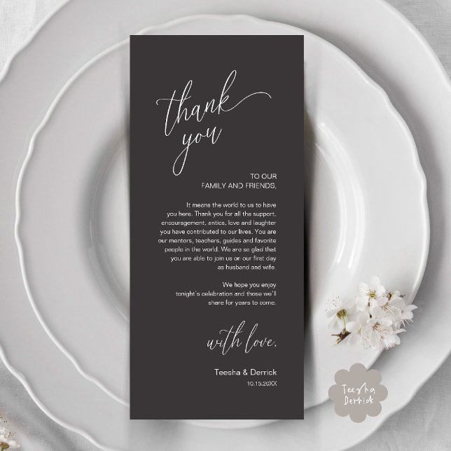 Modern Wedding Reception Dinner Thank You Card (Modern Wedding Reception Dinner Thank You Card in Charcoal Grey)