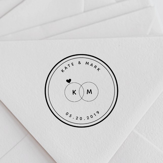 Modern Wedding Rings Monogram Save the Date Round Rubber Stamp (Creator Uploaded)