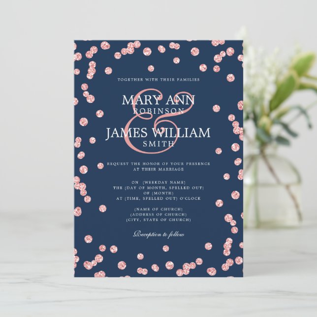 Modern Wedding Rose Gold Glitter Confetti Navy  Invitation (Standing Front)