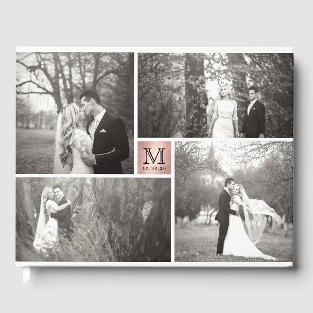 Modern Wedding Rose Gold Monogram 4 Photo Collage Guest Book (Front)