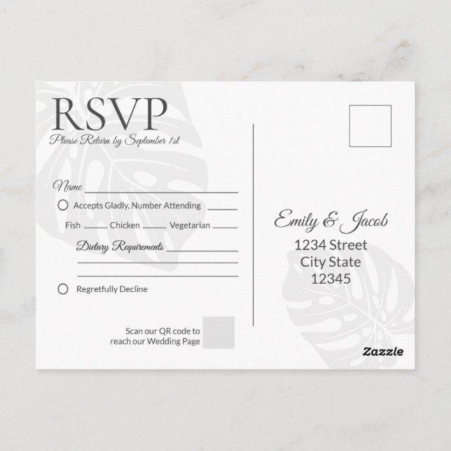 Modern Wedding RSVP Postcard. Palm Leaf Beach Postcard (Back)