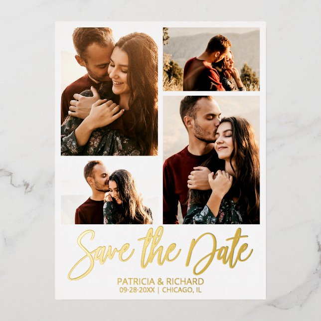 Modern Wedding Save The Date 4 Photo Collage Foil Holiday Postcard (Front)