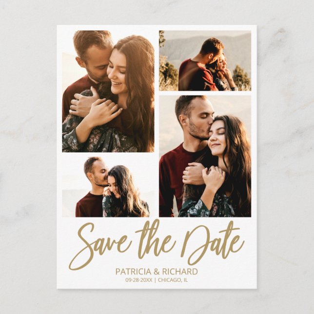 Modern Wedding Save The Date 4 Photo Collage Postcard (Front)