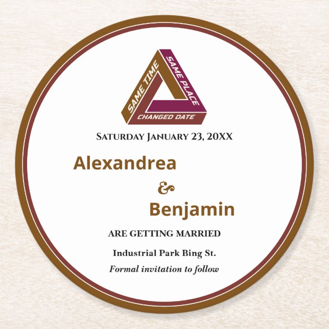 Modern Wedding Save The Date New Date Card Round Paper Coaster (Front)